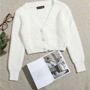 Elegant White Cardigan Sweater With Pearl Buttons